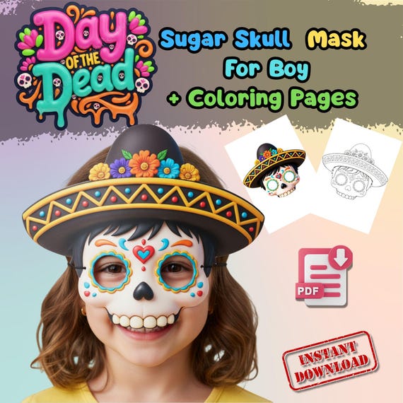 Mexican Sugar Skull Mask for Boys, Día de los Muertos Coloring Page (Digital Download)