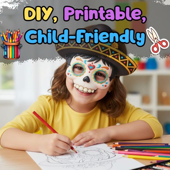 Mexican Sugar Skull Mask for Boys, Día de los Muertos Coloring Page (Digital Download) - görsel 3