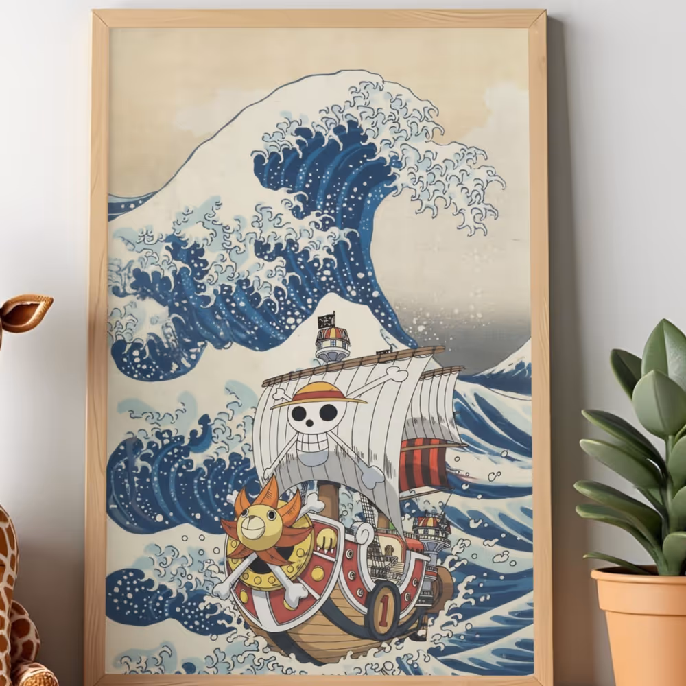 One Piece Great Wave Poster, Thousand Sunny Anime Wall Art, Hokusai Kanagawa Wave Printable Art, Japanese Ukiyo-e Style Digital Download
