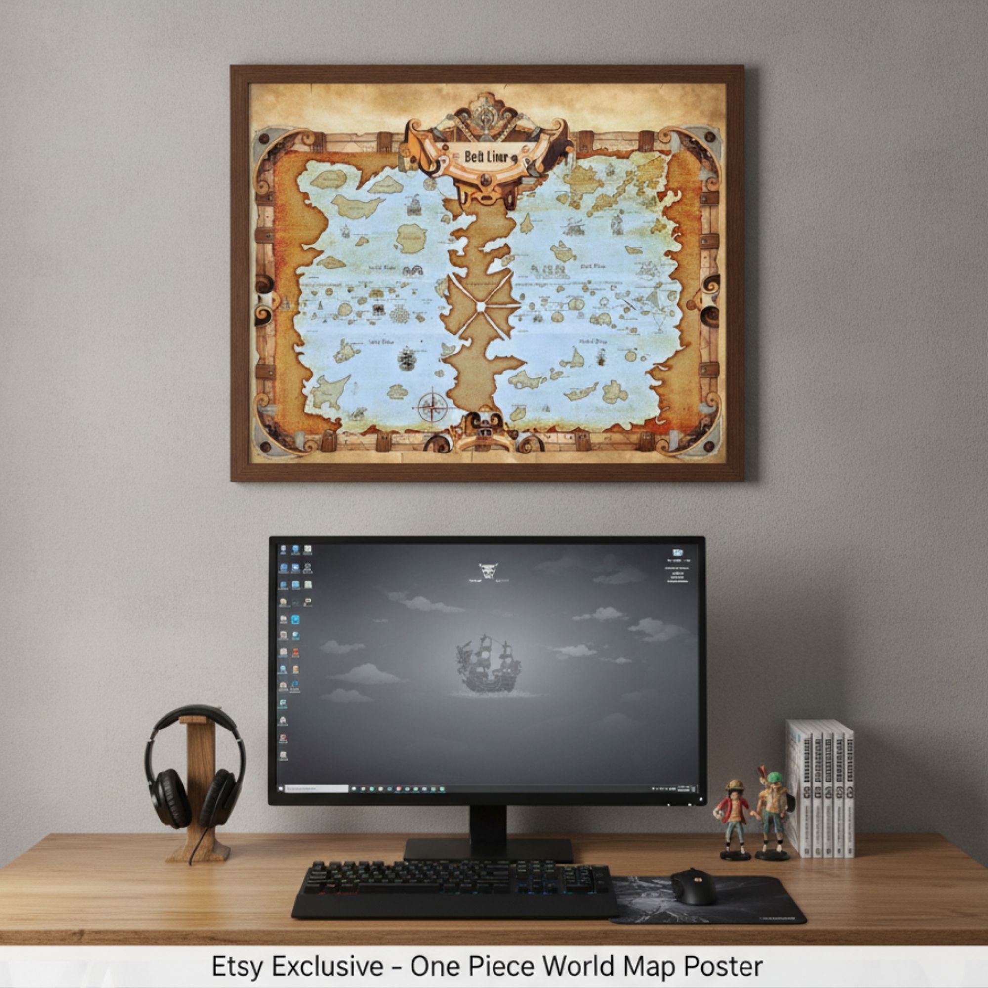 One Piece World Map Poster, Vintage Nautical Anime Wall Art, Digital Download - görsel 5