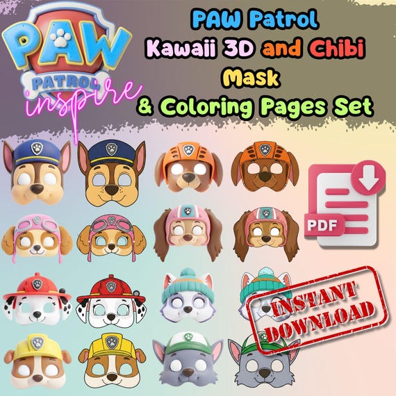 Paw Patrol Mask Set Printable, Toddler Birthday Party Activity, Outdoor Garden Craft, Party Favor PDF