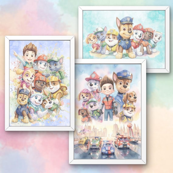 Paw Patrol Watercolor Poster Set, Kids Room Wall Art, Toddler Nursery Decor, Instant Download PDF