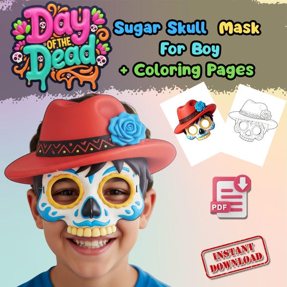 Red Hat Sugar Skull Mask for Boys, Kids Costume Accessory, Day of the Dead Halloween Mask with Coloring Pages, Kid-Friendly Costume Idea