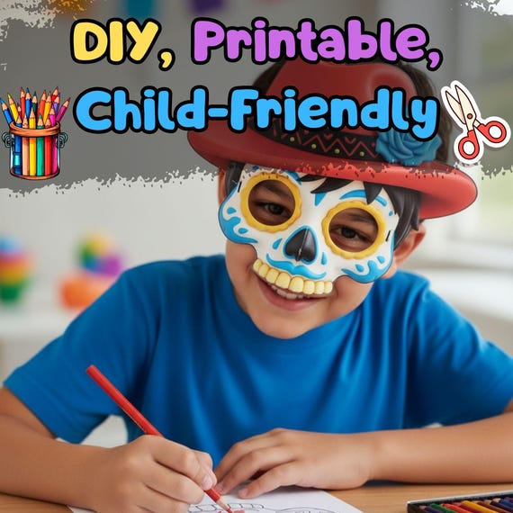 Red Hat Sugar Skull Mask for Boys, Kids Costume Accessory, Day of the Dead Halloween Mask with Coloring Pages, Kid-Friendly Costume Idea - görsel 3