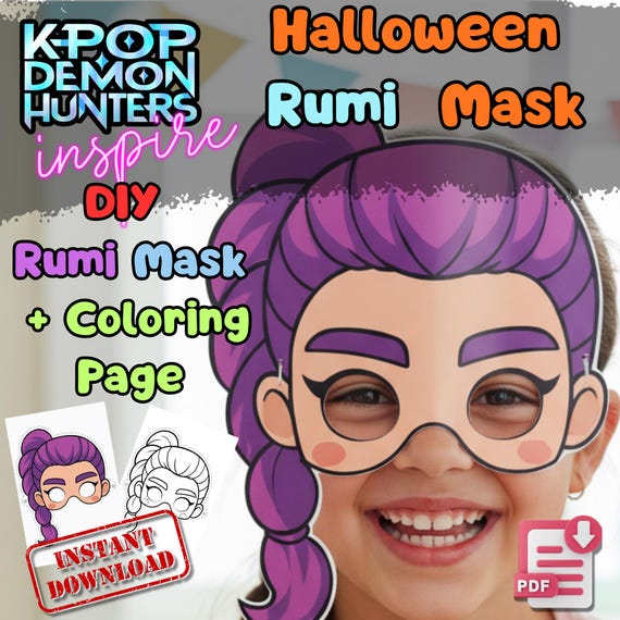 Rumi KPop Demon Hunters Mask Printable, Kids Birthday Party Activity, Outdoor Craft, Party Favor PDF