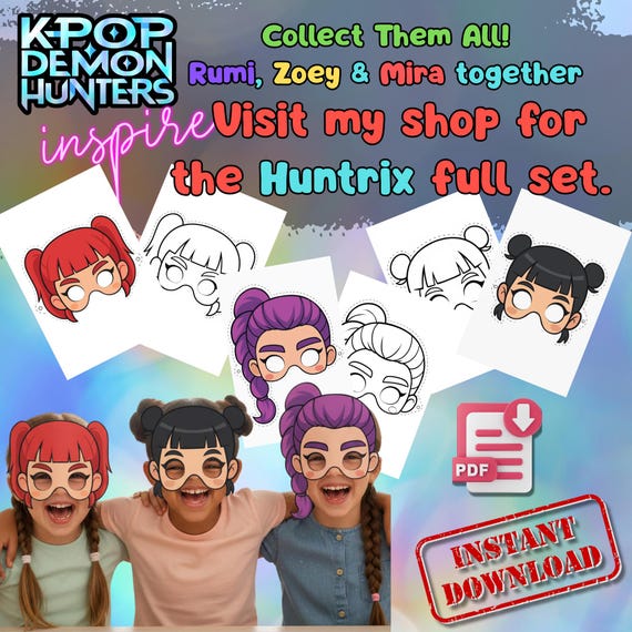 Rumi KPop Demon Hunters Mask Printable, Kids Birthday Party Activity, Outdoor Craft, Party Favor PDF - görsel 3