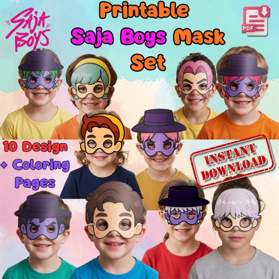 Saja Boys 10 Mask Set Printable, KPop Kids Birthday Party Activity, Outdoor Garden Craft PDF