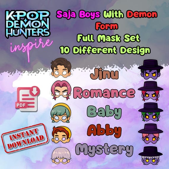 Saja Boys 10 Mask Set Printable, KPop Kids Birthday Party Activity, Outdoor Garden Craft PDF - görsel 2
