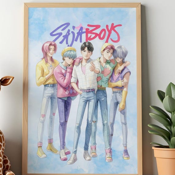 Saja Boys K-Pop Demon Hunters Poster, Watercolor Fan Art Wall Decor, Digital Download
