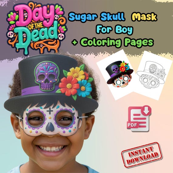 Sugar Skull Mask and Coloring Page for Boys (Digital Download)