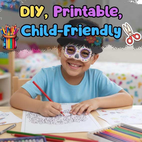 Sugar Skull Mask and Coloring Page for Boys (Digital Download) - görsel 2