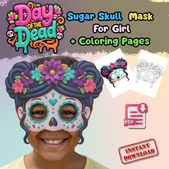 Sugar Skull Mask and Coloring Pages Set, Día de los Muertos, Halloween Costume (Digital Download)