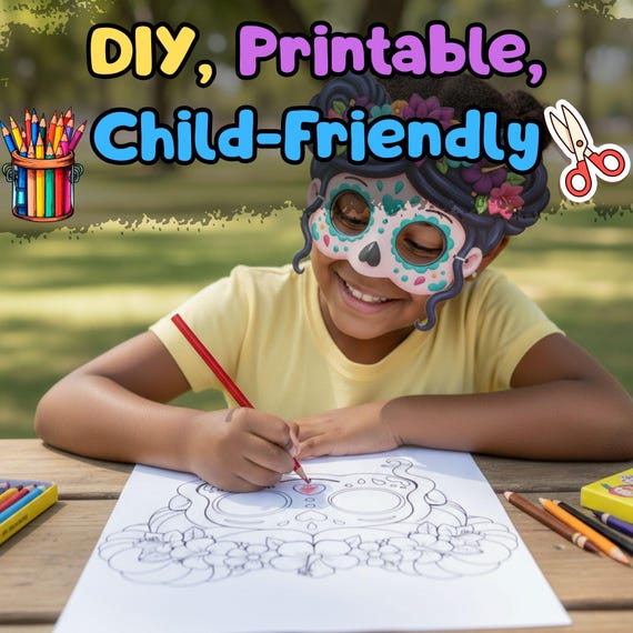 Sugar Skull Mask and Coloring Pages Set, Día de los Muertos, Halloween Costume (Digital Download) - görsel 2