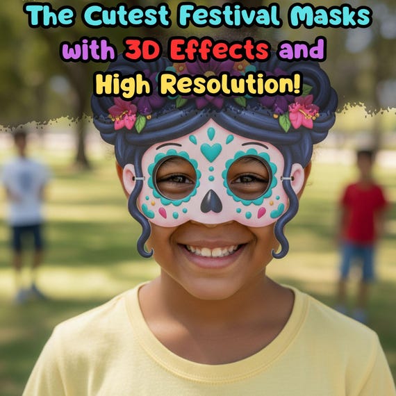 Sugar Skull Mask and Coloring Pages Set, Día de los Muertos, Halloween Costume (Digital Download) - görsel 3
