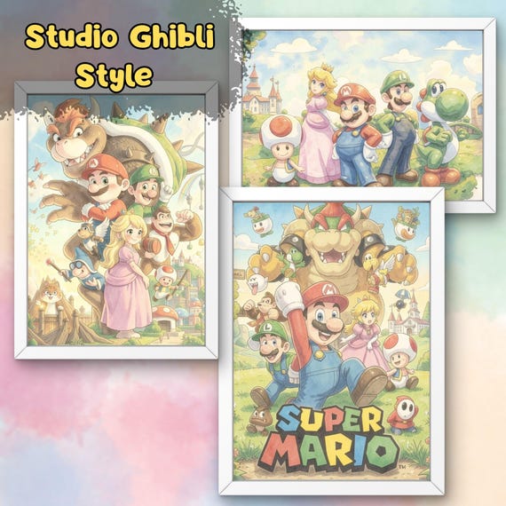 Super Mario Wall Art Prints, Watercolor Kawaii, Ghibli Inspired, Nintendo Poster (Digital Download) - görsel 2