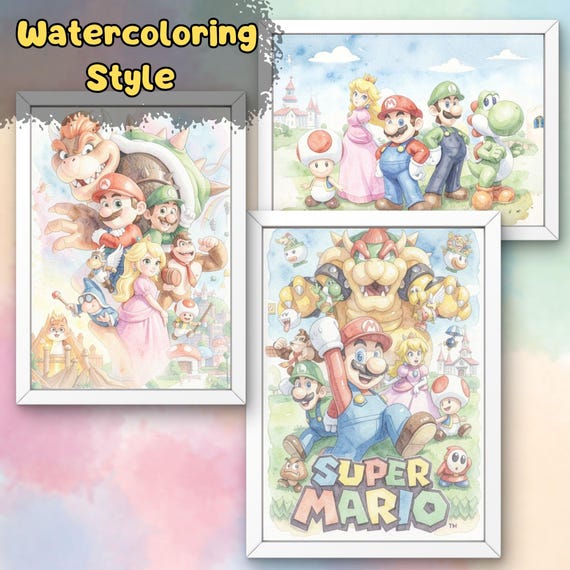 Super Mario Wall Art Prints, Watercolor Kawaii, Ghibli Inspired, Nintendo Poster (Digital Download) - görsel 3