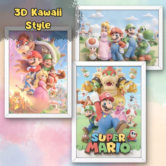 Super Mario Wall Art Prints, Watercolor Kawaii, Ghibli Inspired, Nintendo Poster (Digital Download) - görsel 4