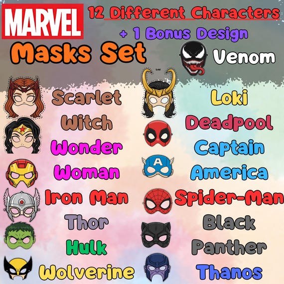 Superhero 12 Mask Set Printable, Kids Birthday Party Activity, Outdoor Garden Party Craft PDF
