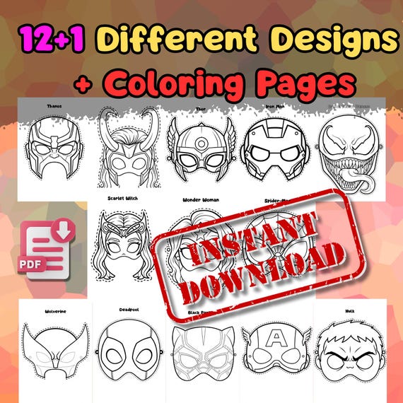 Superhero 12 Mask Set Printable, Kids Birthday Party Activity, Outdoor Garden Party Craft PDF - görsel 3