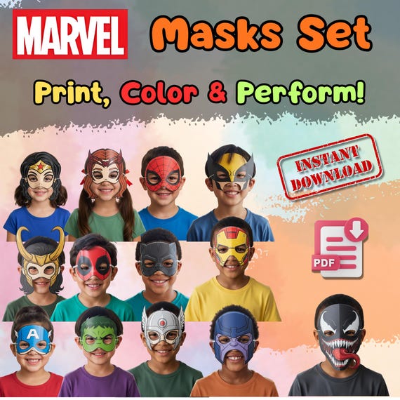 Superhero 12 Mask Set Printable, Kids Birthday Party Activity, Outdoor Garden Party Craft PDF - görsel 4