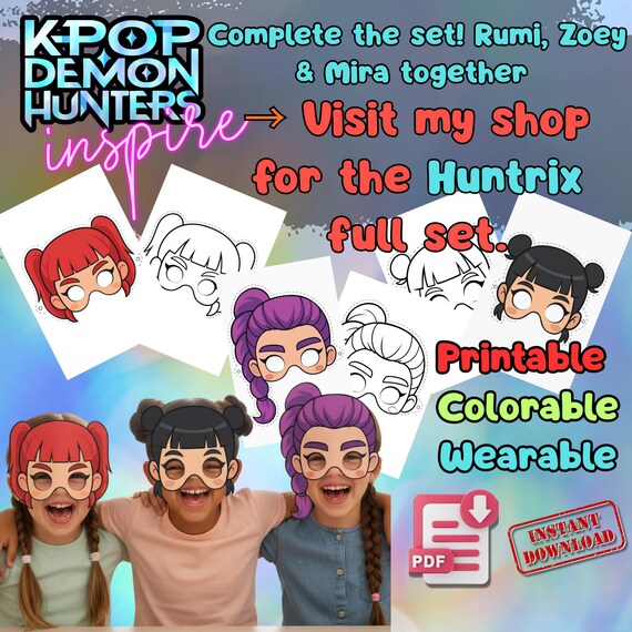 Zoey KPop Demon Hunters Mask Printable, Kids Birthday Party Activity, Outdoor Craft, Party Favor PDF - görsel 3
